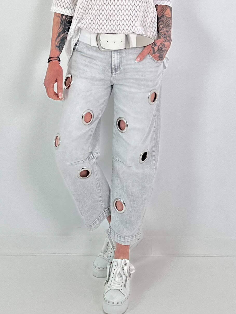 Jeans with silver eyelets - gray