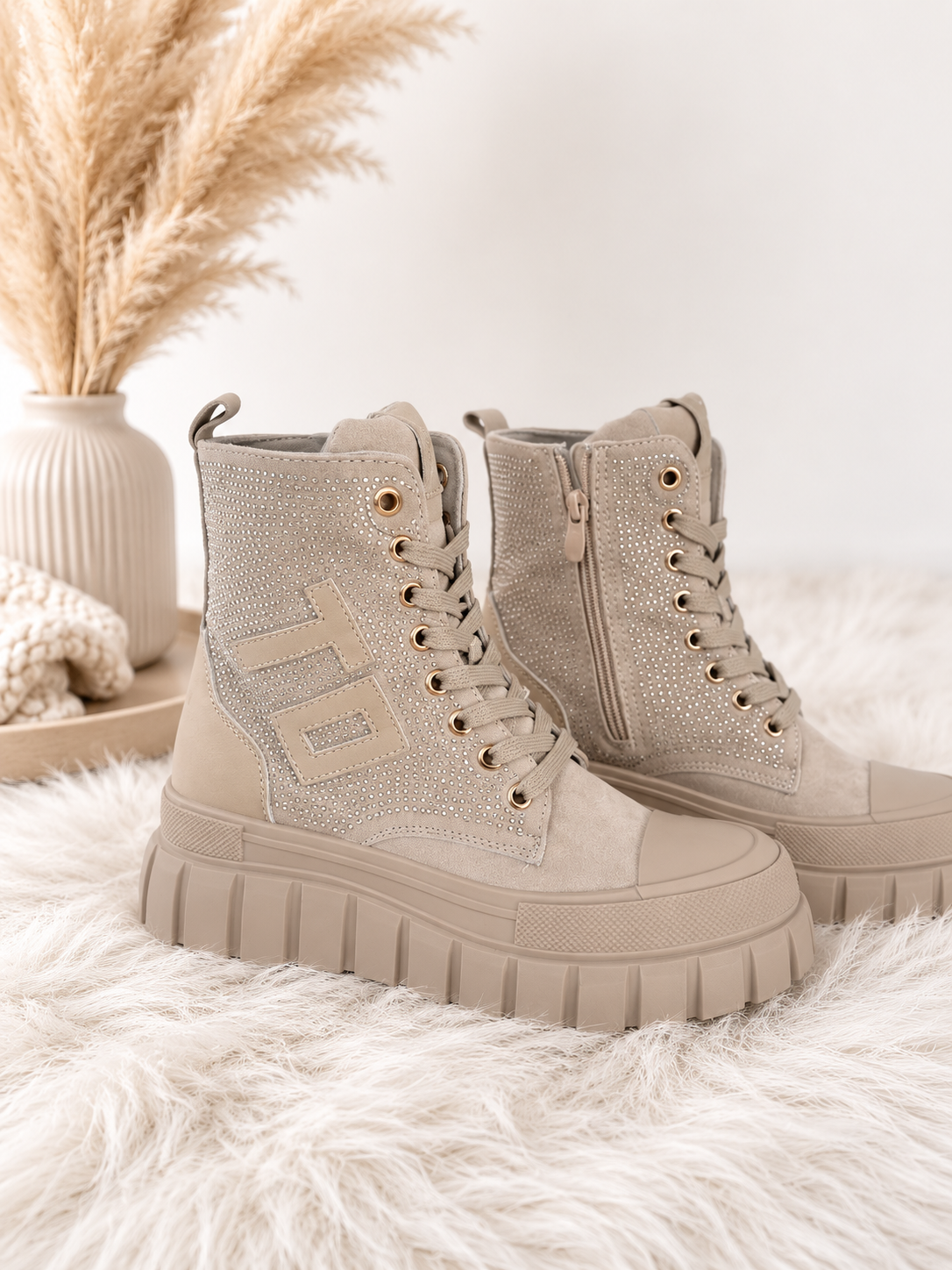 High-top sneakers in a suede look with rhinestones - beige