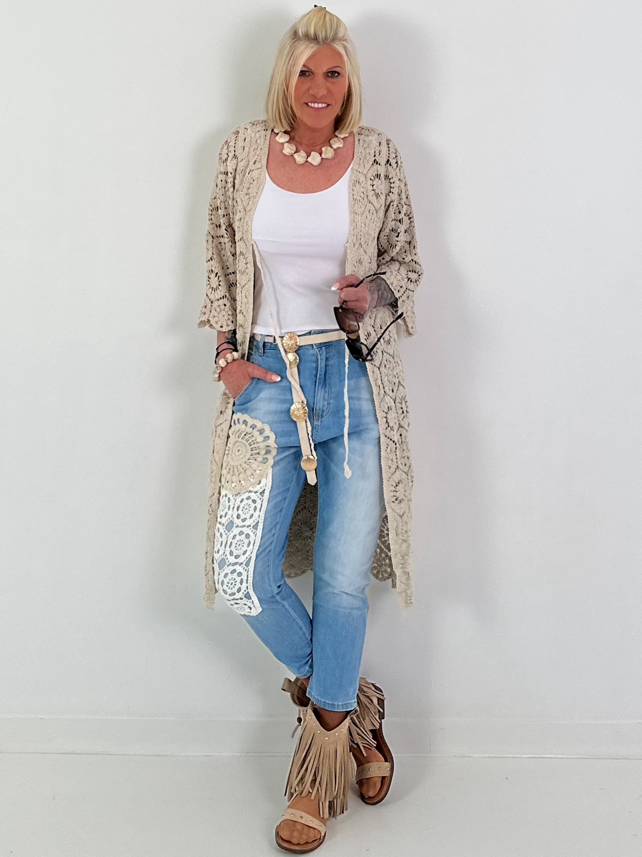 Häkelmantel zum Binden - beige