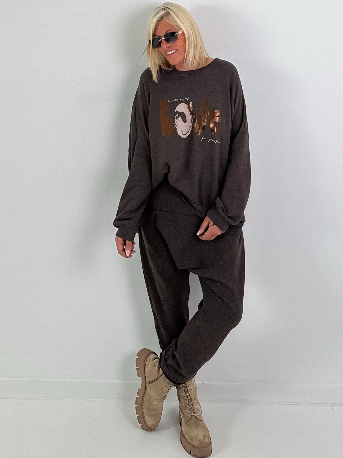 Sweat Baggy mit Tasche - mokka