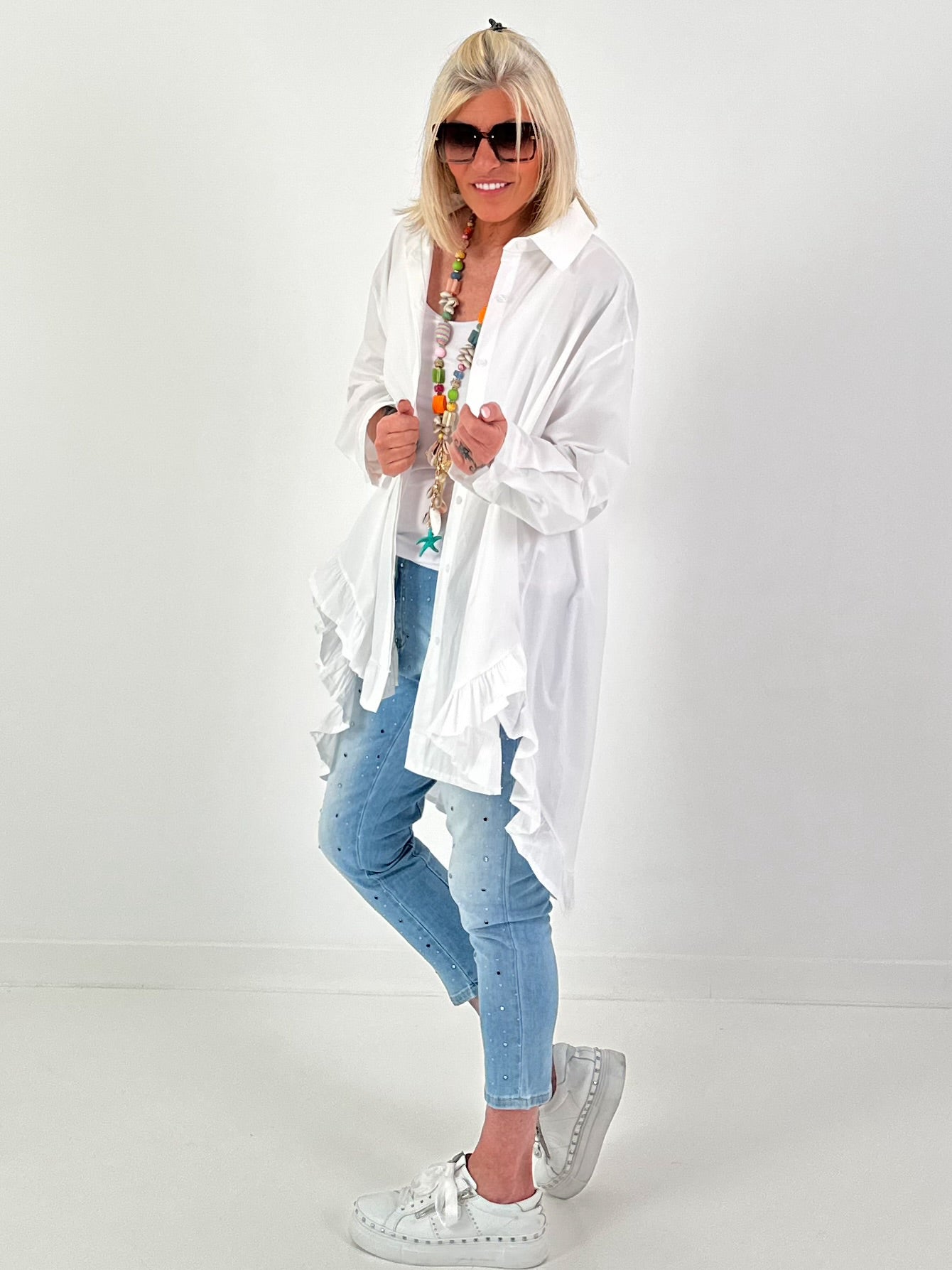 Oversized frilled shirt blouse - white