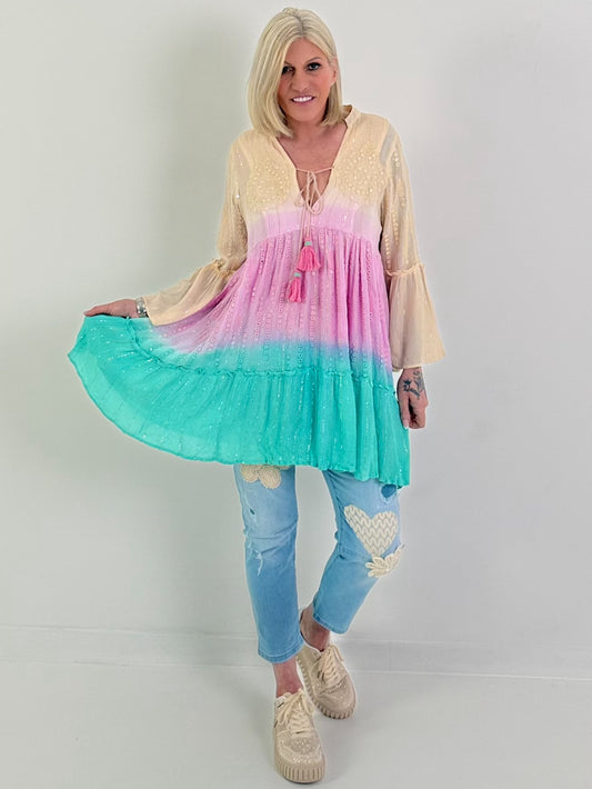 Ibiza Tunika/Kleid mit Lurexnähten - beige-rosa-türkis