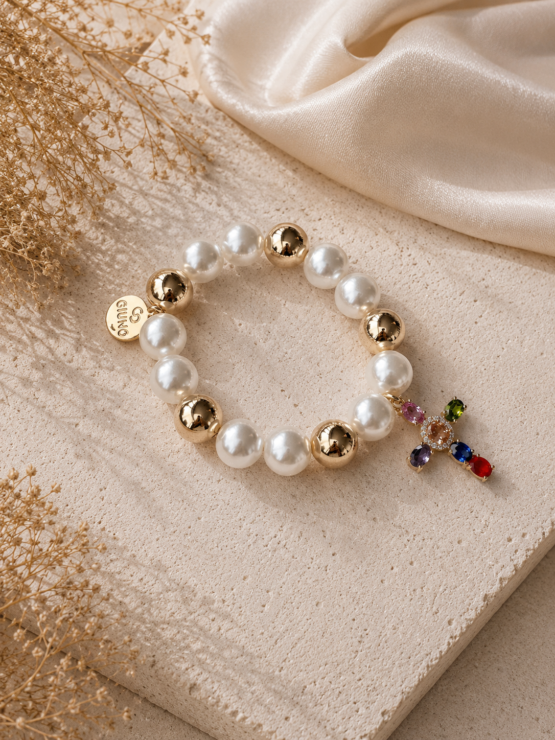 Giuno Armband mit Kreuzanhänger - weiss-gold