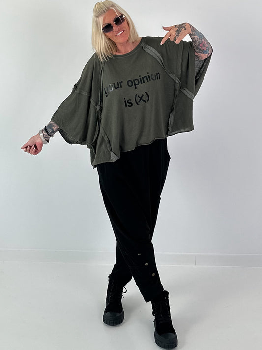 Oversized Strick Shirt mit Statement Print - oliv