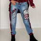 Jogg-Jeans im Used Look Love & Rock - denim-burgundi