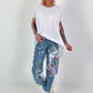 Sweat Jeans mit Print und Destroyed Details - weiss-denim