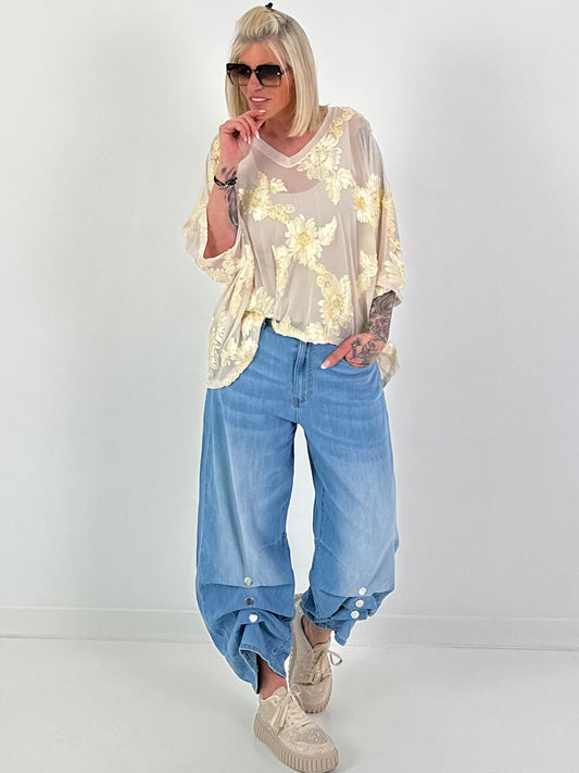 Netzshirt mit 3D Stoffblumen - beige