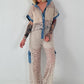 Ausgefallener Zweiteiler mit aufwendigen Denim Details- beige