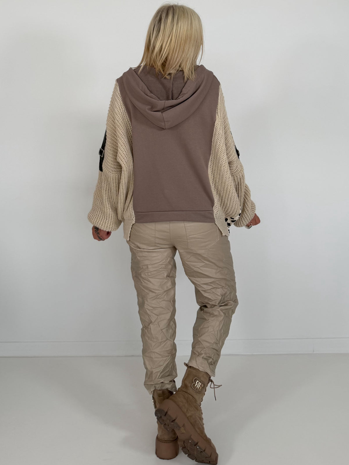 Oversized Grobstrick-Hoodie mit Sweat-Einsatz  - taupe-beige