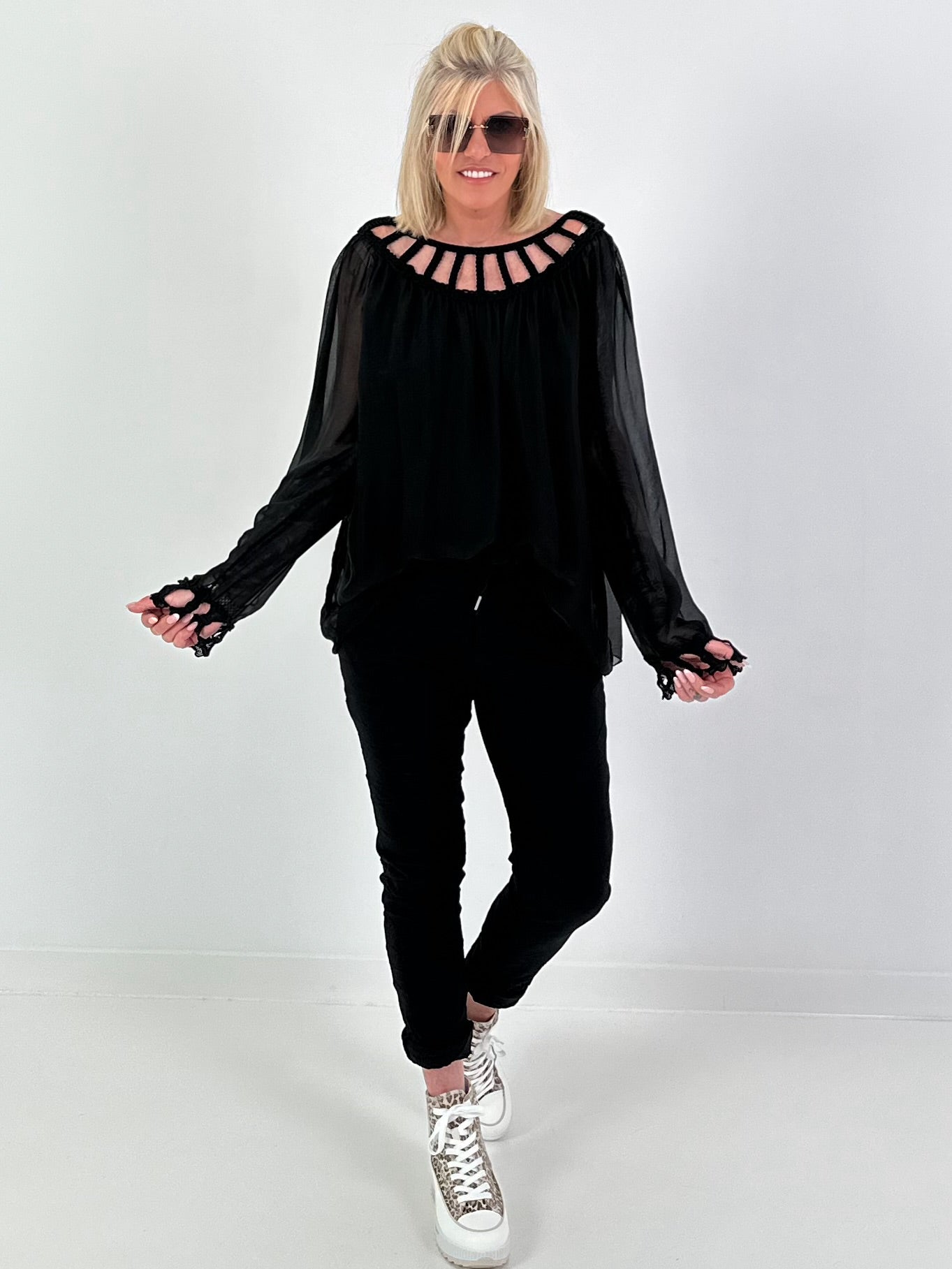 Silk tunic with crocheted neckline - black