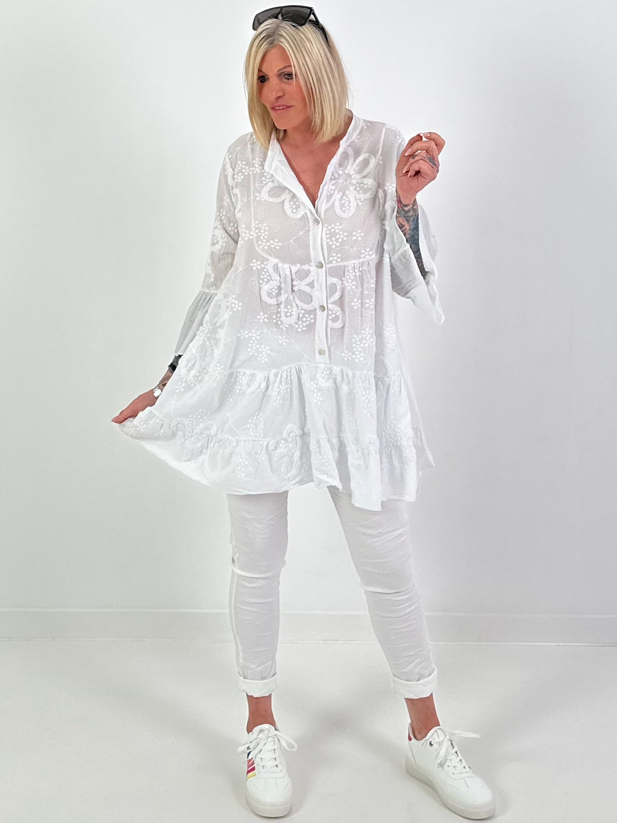 Tunic/dress with terrycloth appliqué - white