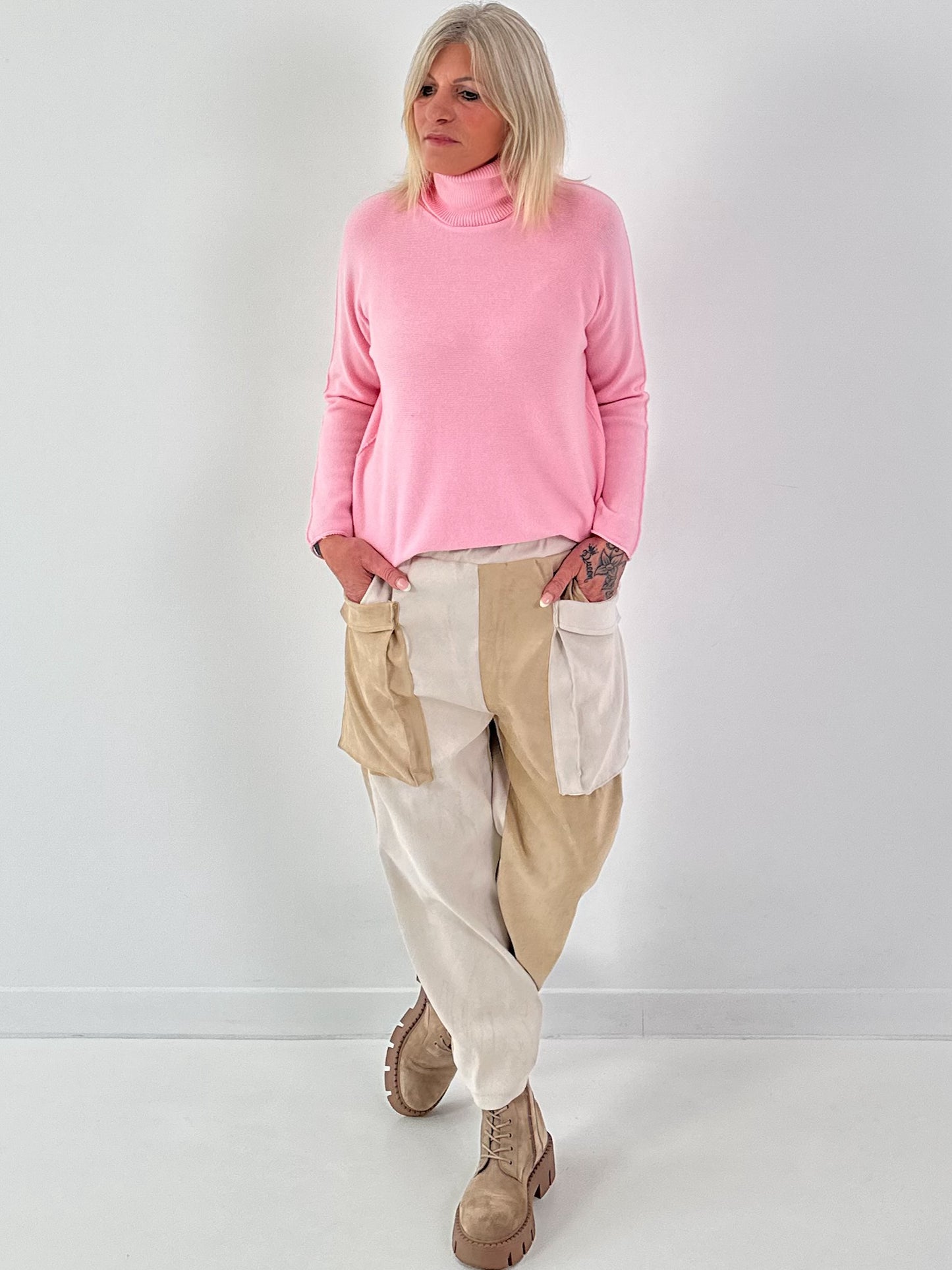 Suede-look trousers, model "Dual Harmony" - ecru-beige