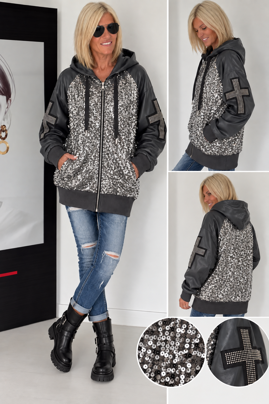 Jacke im Materialmix mit Pailletten und Strasskreuz - anthrazit