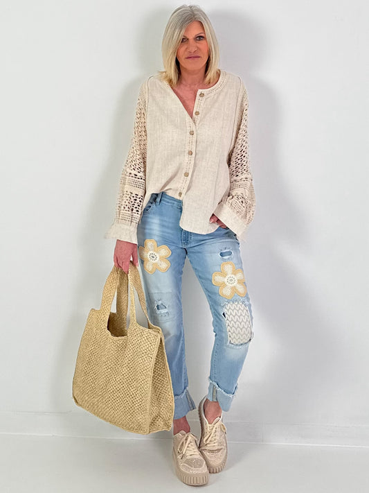Bluse aus Leinen mit Häkeleinsätzen - beige