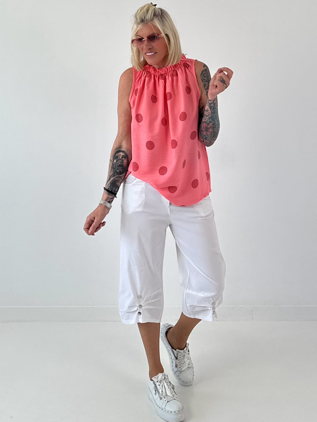 Striped top with ruffled collar - taupe-dark brown