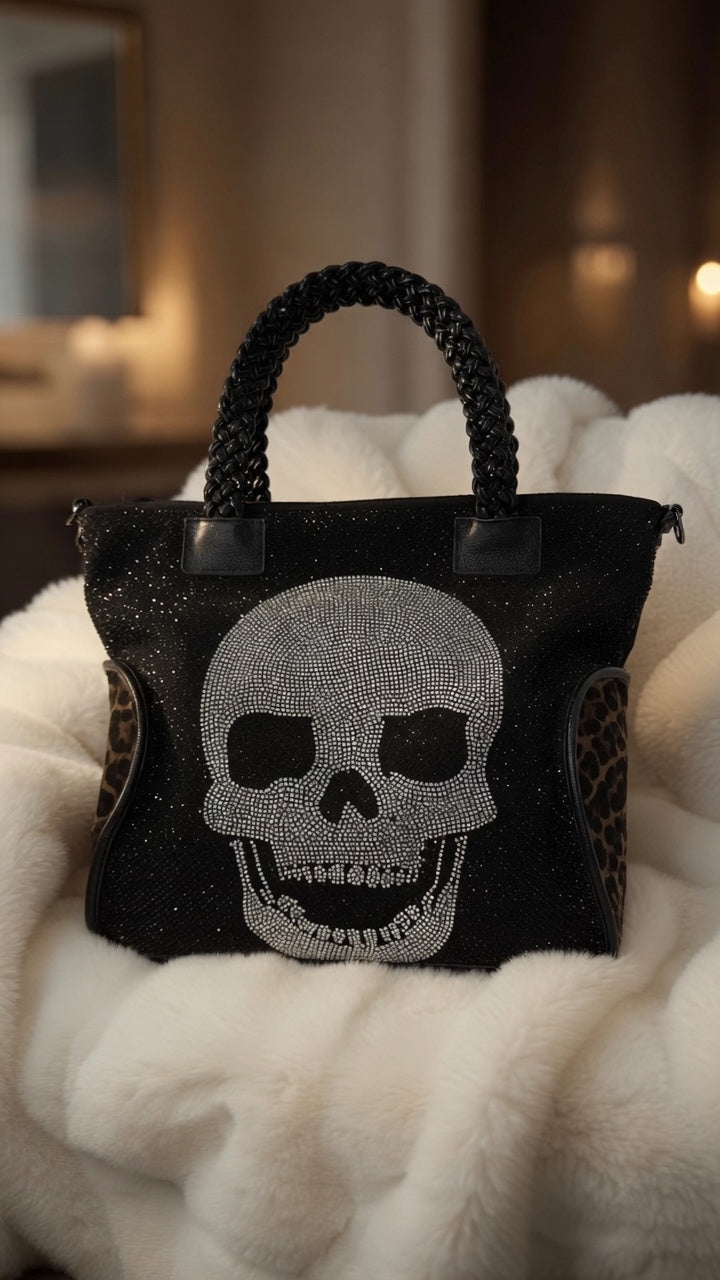 Stylish Canvas Bag with Genuine Leather Details Skull - black-silver-leopard mocha