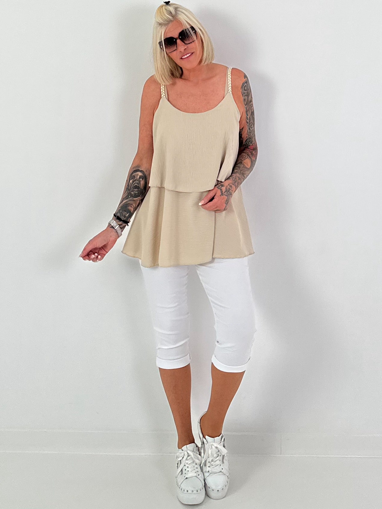 Layered Top with Braided Straps - beige