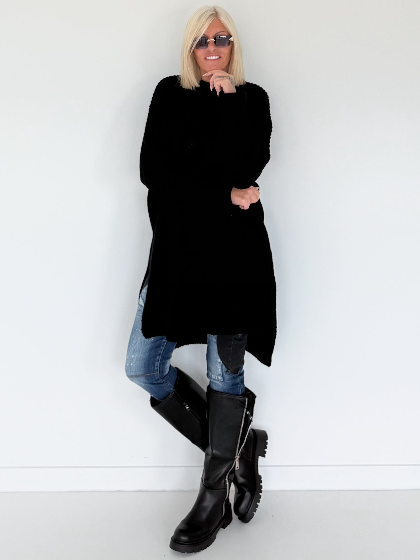 Long Strickpullover - schwarz