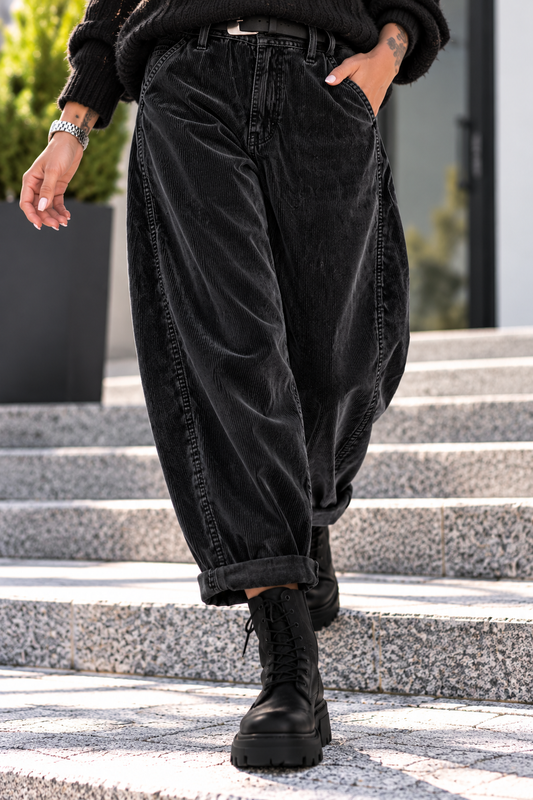 Weiche Ballon-Cordhose mit Gürtel - stone-washed-schwarz
