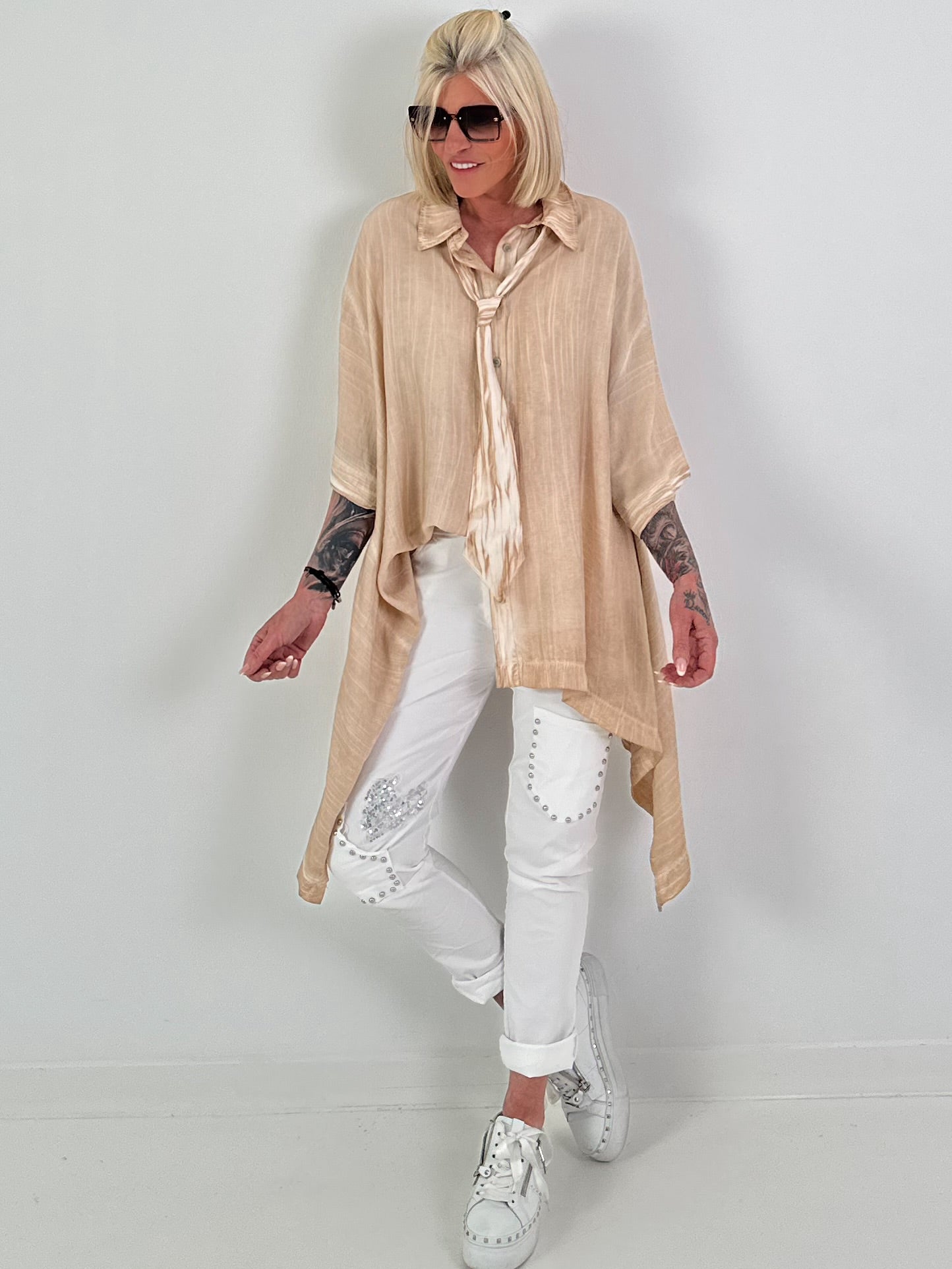 Oversized asymmetrical blouse with tie - sand