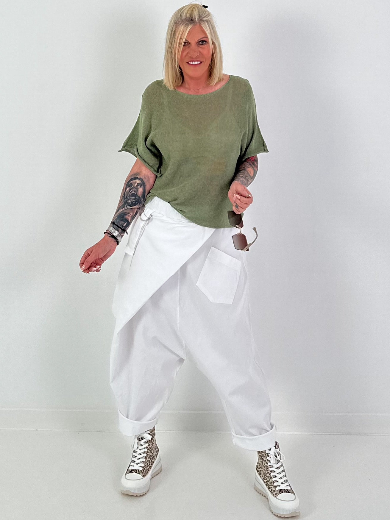 Summer knit sweater with short sleeves - khaki
