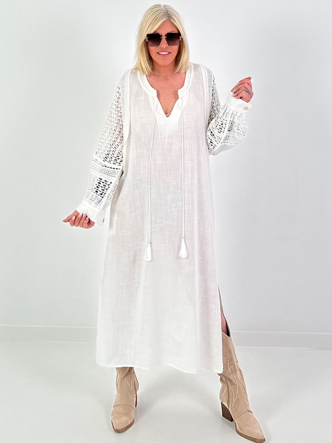 Linen Dress with Crochet Inserts - White