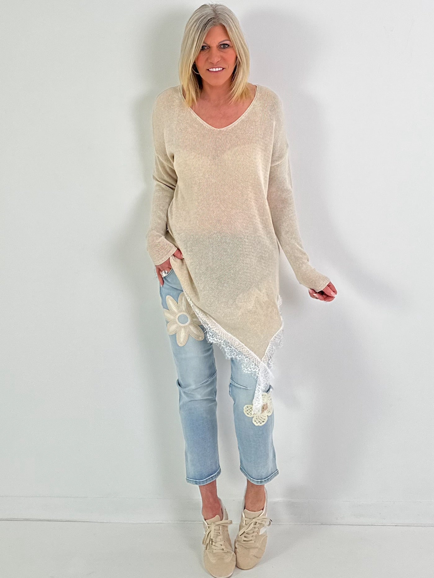 Strickpullover mit Spitze - beige