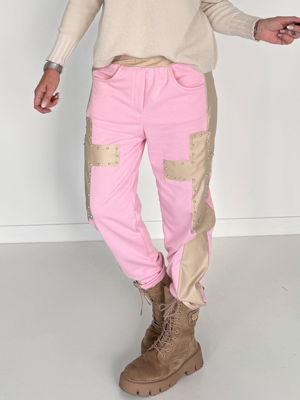 Sweathose im Materialmix - rosa-beige