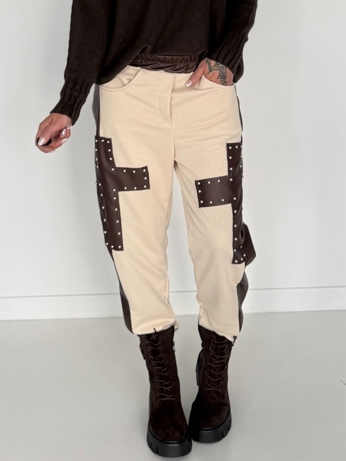 Sweathose im Materialmix - beige-mokka