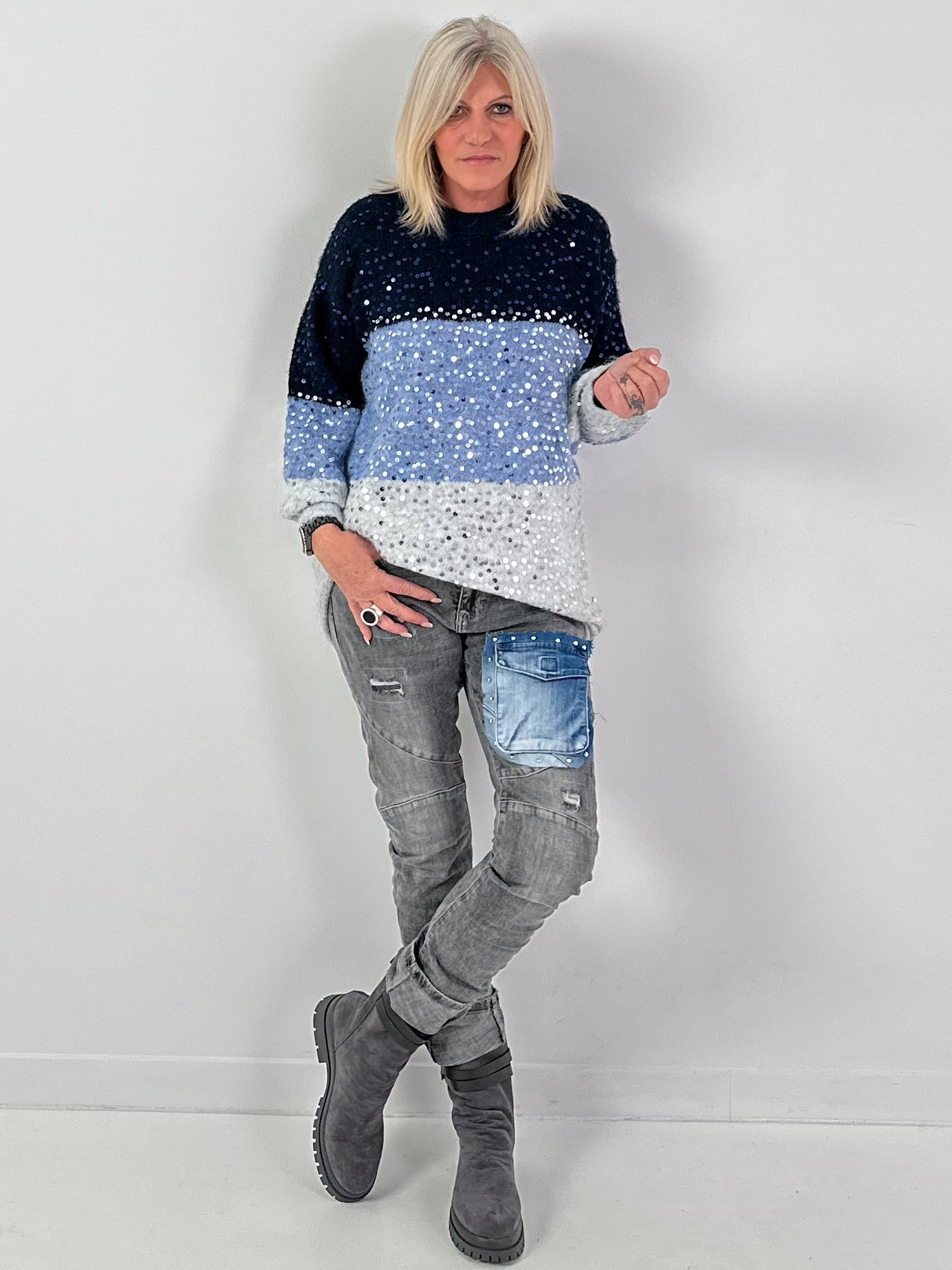 Long pullover model "Block Spark" - blue-multicolour