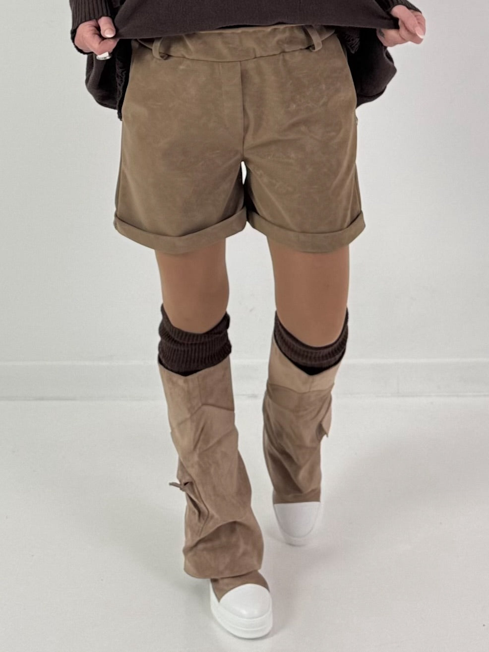 Leather-look shorts, model "Velvet Shine" - taupe