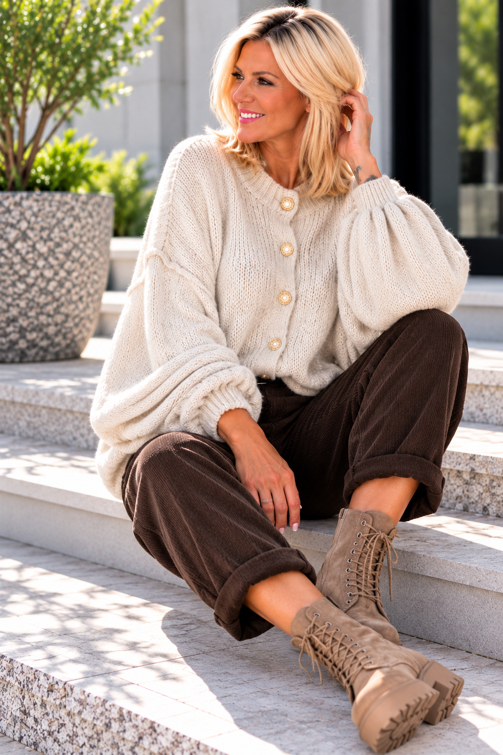 Kuschelige Oversized Strickjacke mit Außennähten - beige