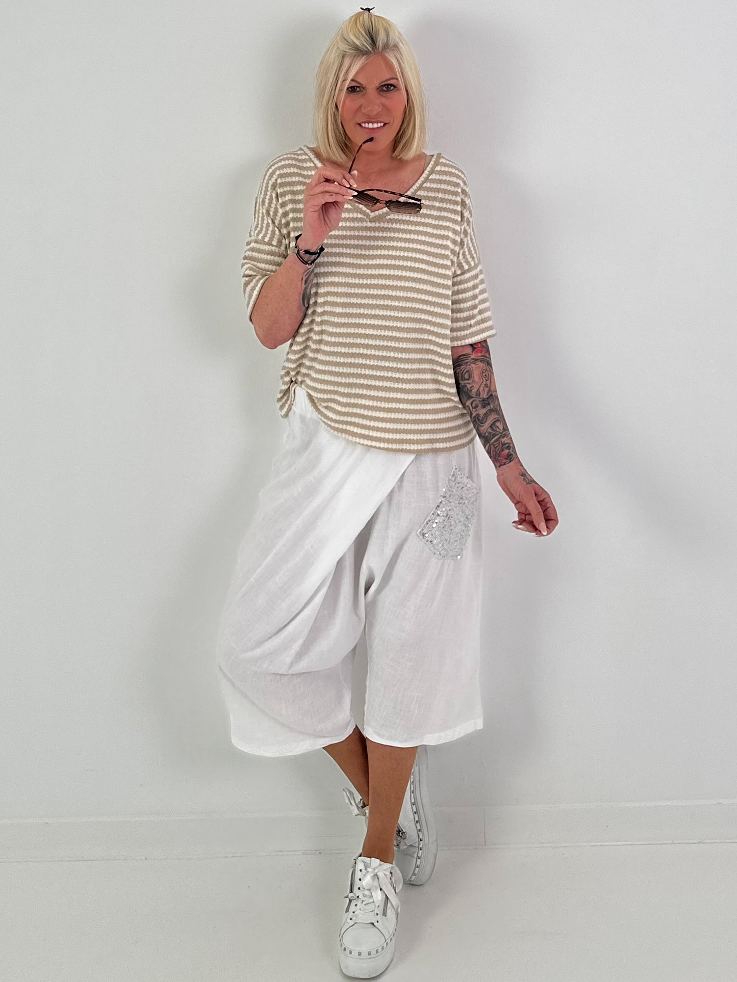 Strick T-Shirt mit Streifen - beige-ecru
