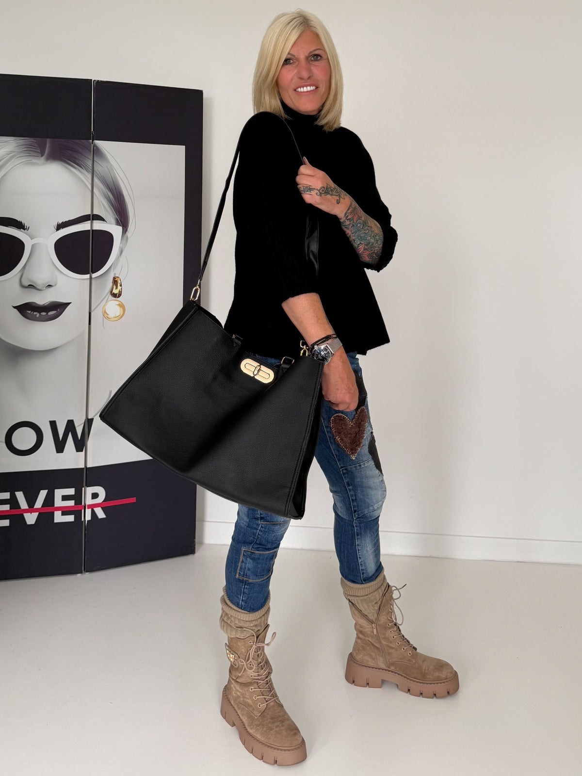 Tasche in Lederoptik mit Twist Lock Verschluss - schwarz