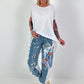 Sweat Jeans mit Print und Destroyed Details - weiss-denim