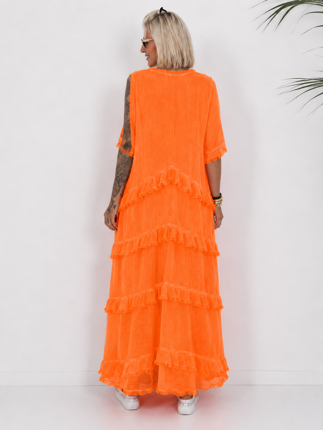 Long dress with fringes and ruffles - neon orange (available from May 29, 2026)