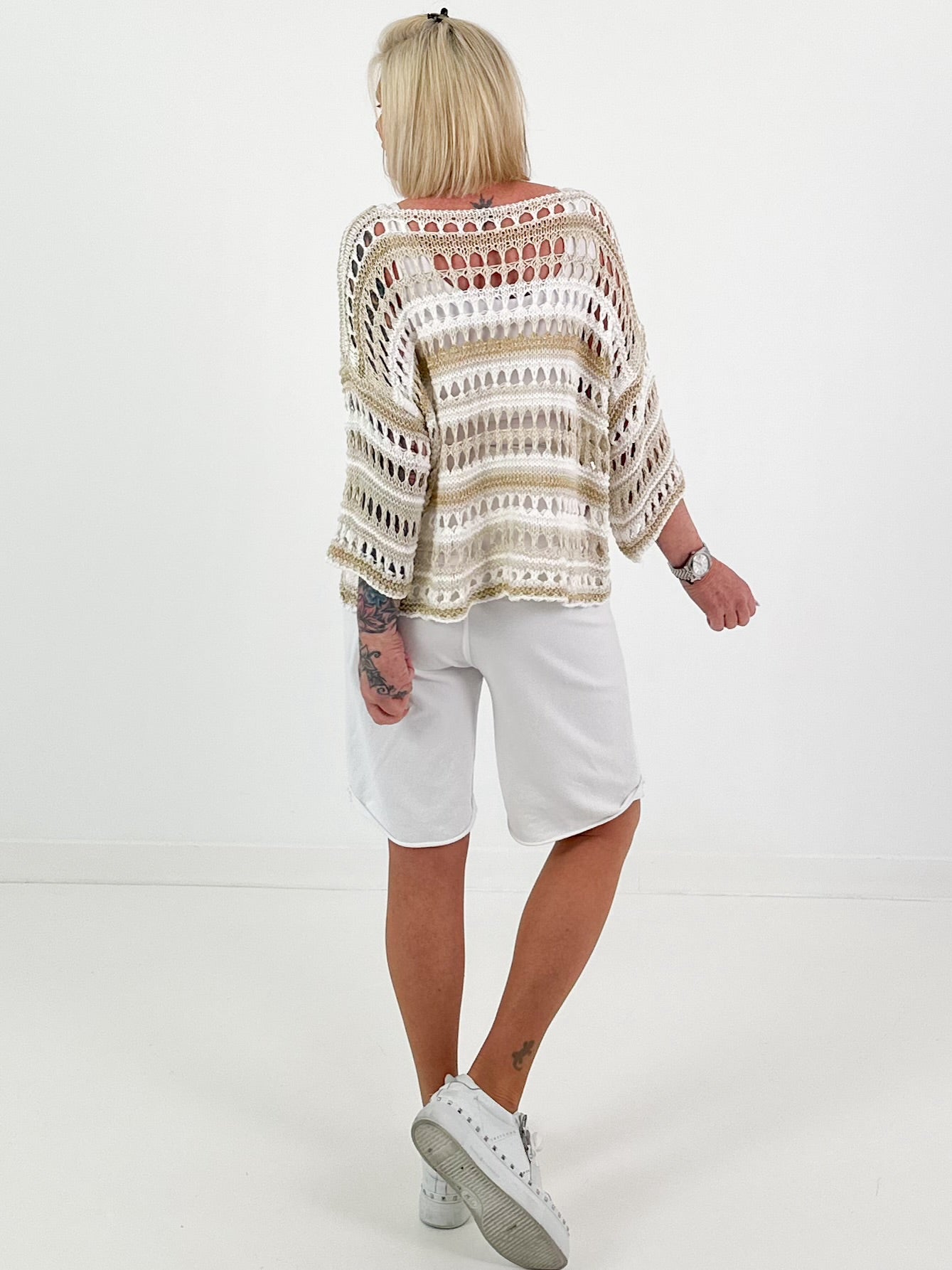 Crochet sweater with stripes and lurex - white-beige