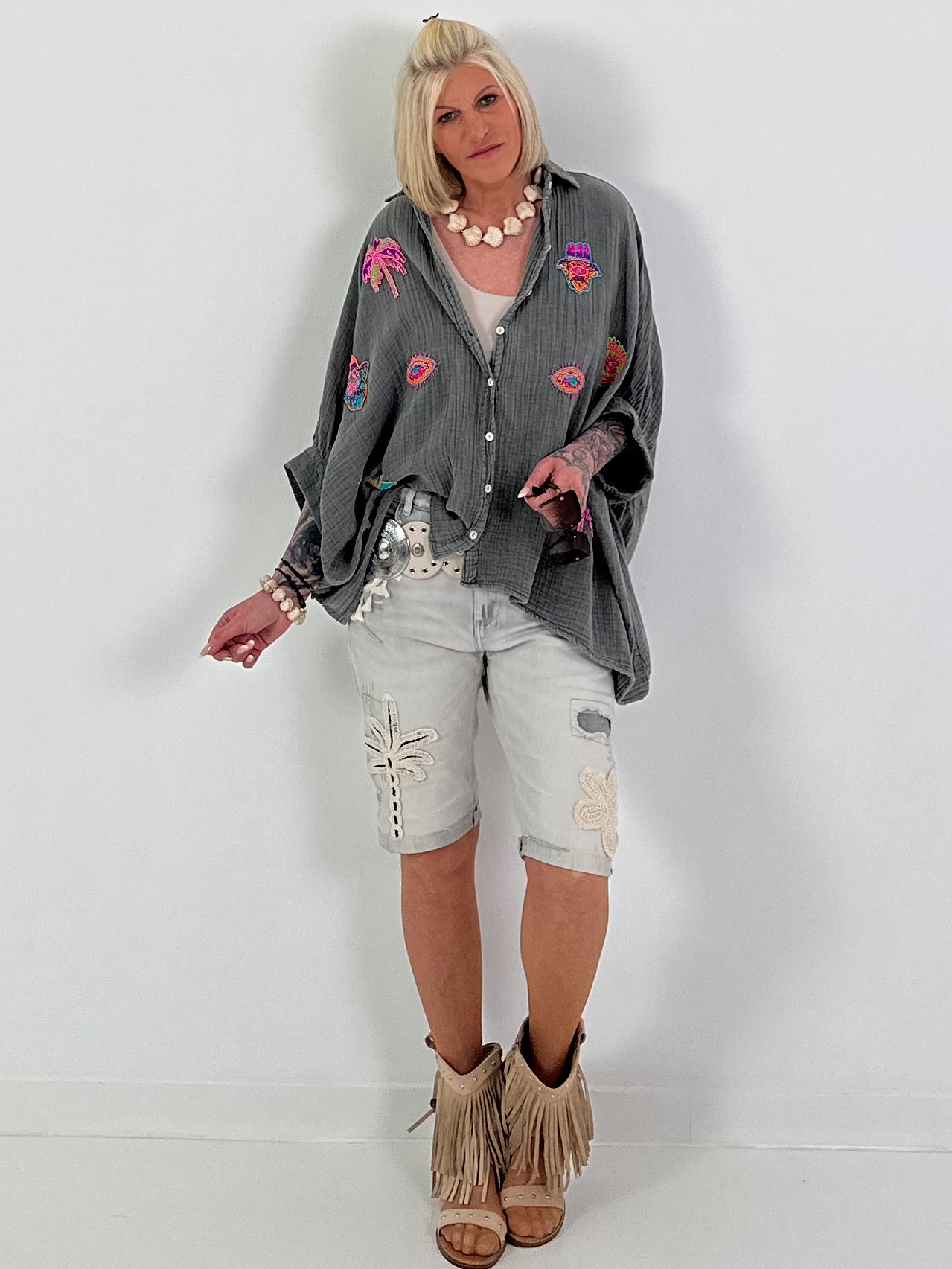 Oversized Muslin Blouse with Colorful Bead Embroidery - Anthracite