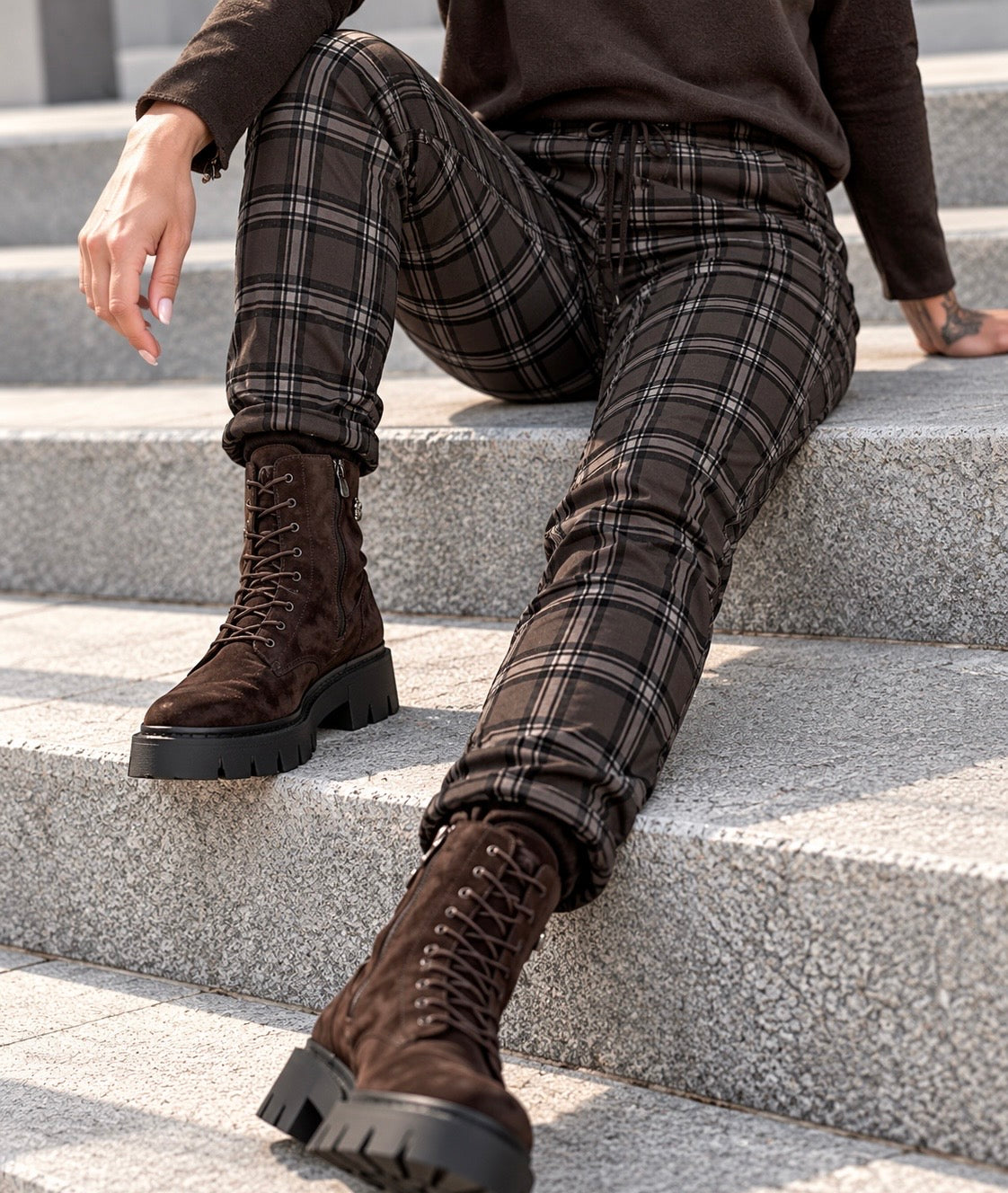 Hose im Karo-Look - mokka-mehrfarbig