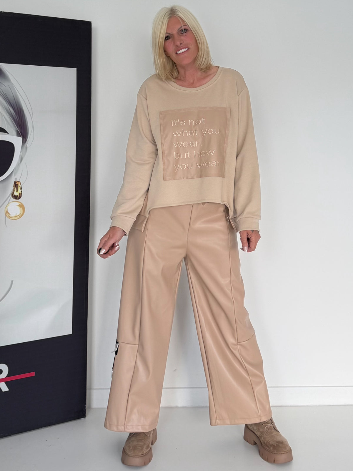Sweater with faux leather details - beige
