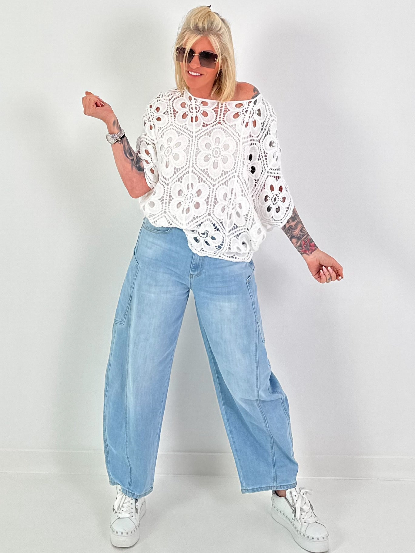 Häkelshirt mit Unterziehtop - weiss
