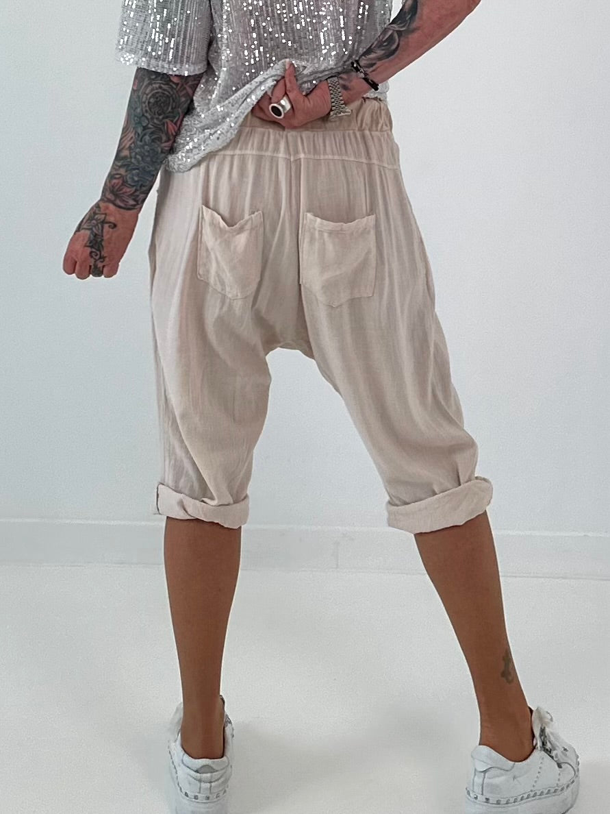 Short linen baggy dress with overlay and sequin details - khaki