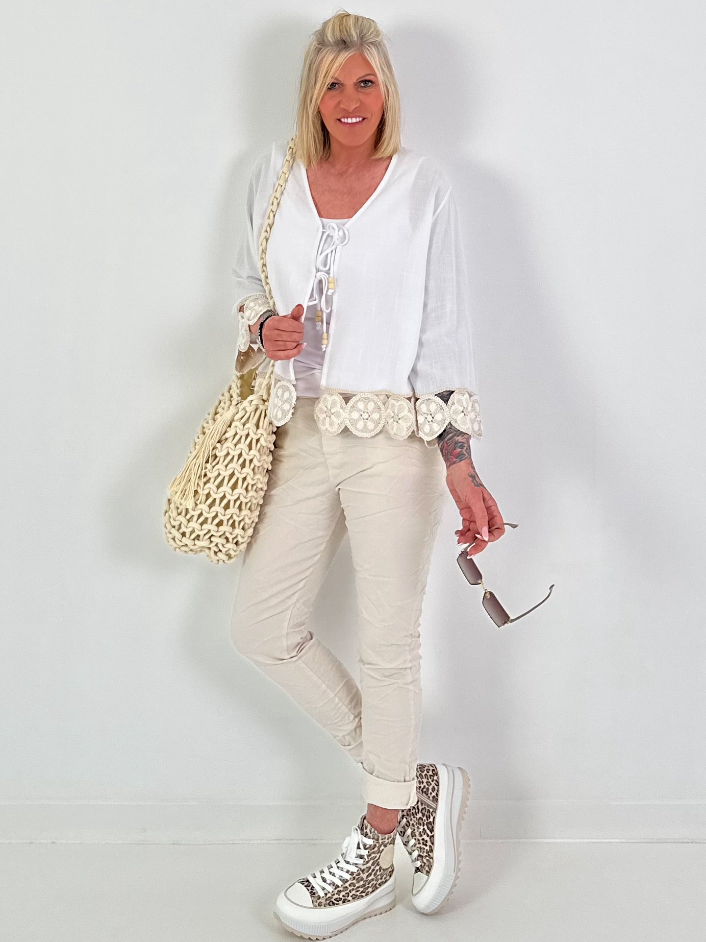 Boho Linen Jacket with Crochet Cuffs - White