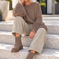 Pullover mit Trompetenärmeln im Fransen-Look - taupe