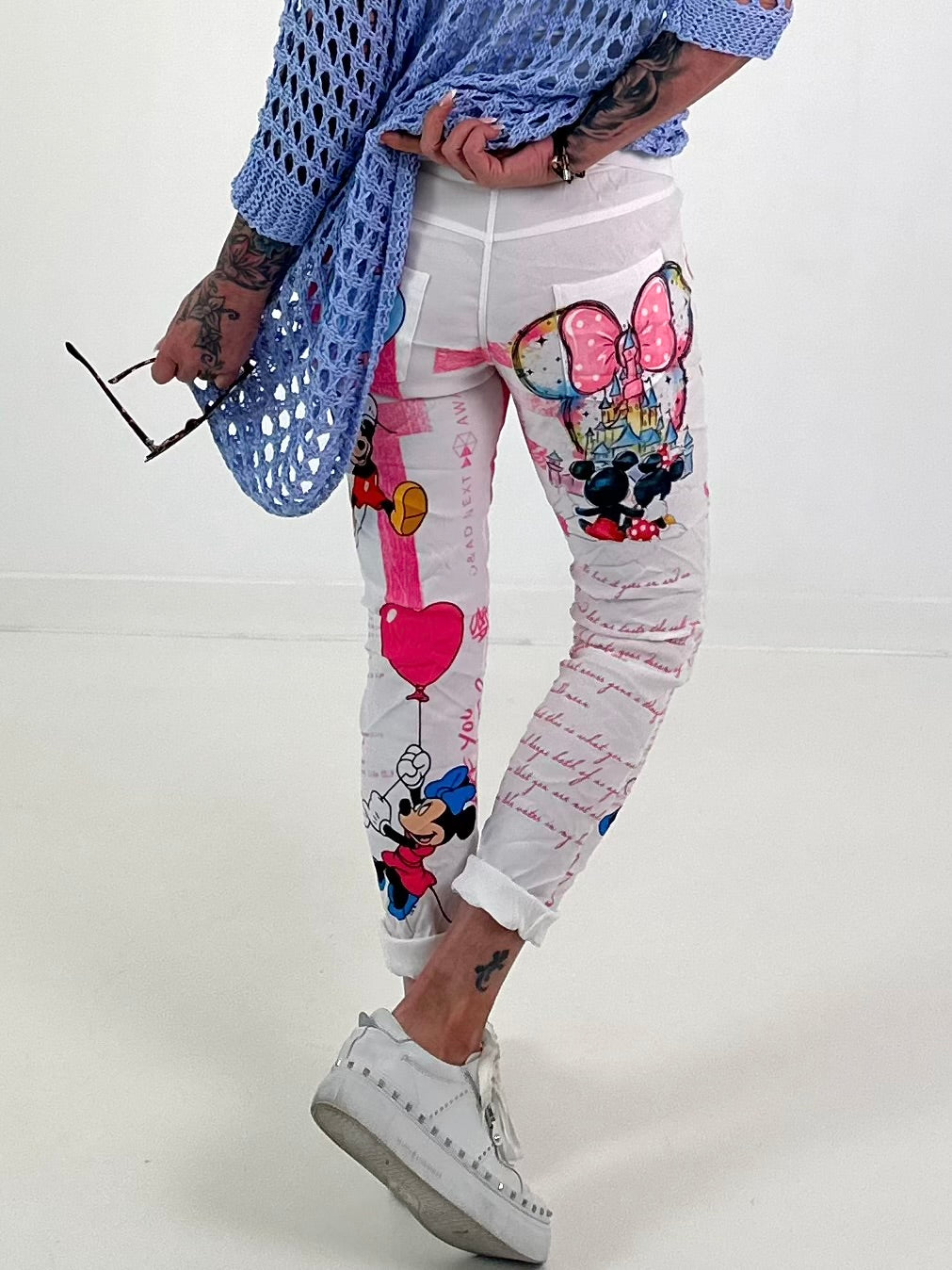 Hose mit Print-Mix und Comicmotiven - weiss-pink-mehrfarbig