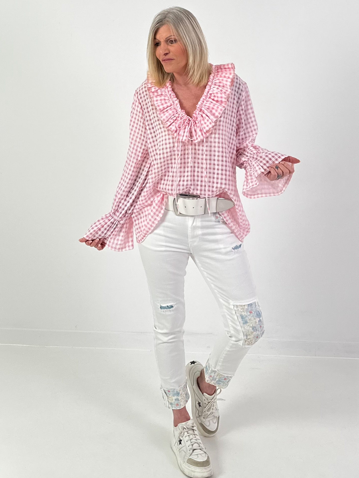Oversized Tunika mit Vichy Muster - rosa-weiss