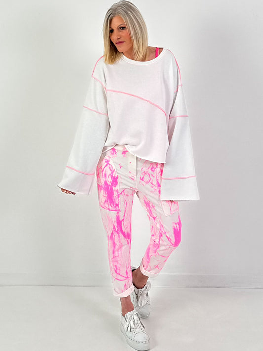 Sweater mit Kontrastnähten - weiss-neonpink
