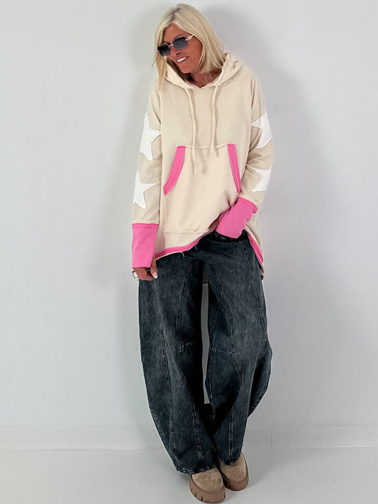 Casual long hoodie with thumbholes and trendy star elements - beige