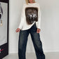 Sweater mit Stulpenärmeln und Strassmotiv Leopard - ecru