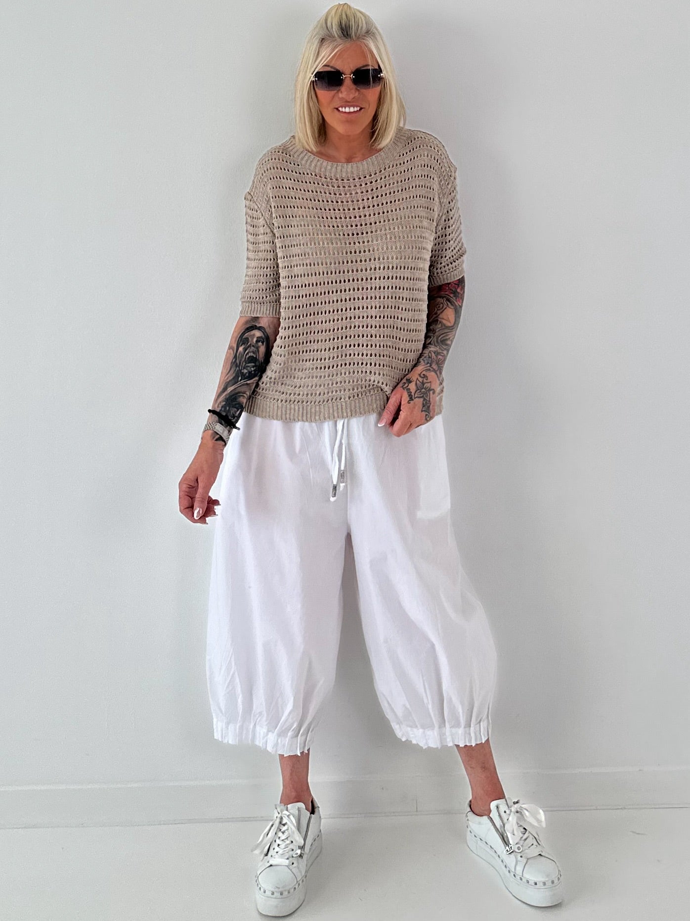 Strick Shirt mit Lochmuster - taupe